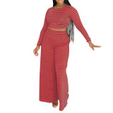 Casual Striped Printed Top & Wide-Leg Pants Set