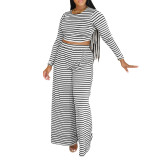 Casual Striped Printed Top & Wide-Leg Pants Set