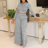 Casual Striped Printed Top & Wide-Leg Pants Set
