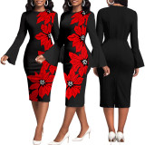 Floral Print Flare Sleeve Elegant Crew Neck Sheath Dress