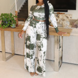 Casual Striped Printed Top & Wide-Leg Pants Set