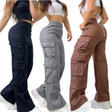 Solid Pocket Loose High Waist Straight Patchwork Bottoms