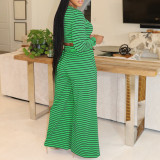 Casual Striped Printed Top & Wide-Leg Pants Set