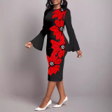 Floral Print Flare Sleeve Elegant Crew Neck Sheath Dress