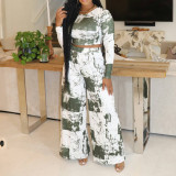 Casual Striped Printed Top & Wide-Leg Pants Set