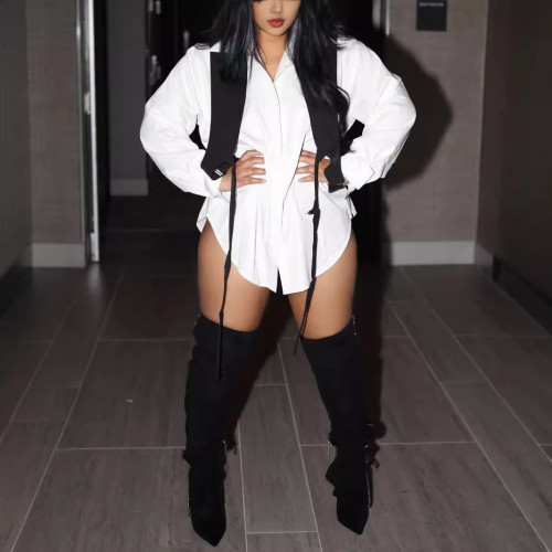 White False Two Piece Long Sleeve Shirt Dress