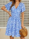 2024 Casual Boho Floral V Neck Short Sleeves Ruffle Wrap Club Dress