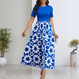 Solid Floral Digital Printing O Neck Short Sleeve Long Dress