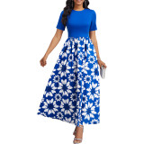 Solid Floral Digital Printing O Neck Short Sleeve Long Dress