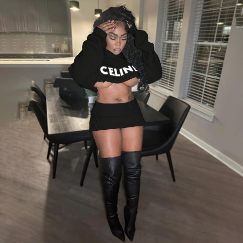 Sexy Embroidered Long Sleeve Knitted Sweater Crop Top Mini Skirt