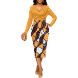 Solid Digital Printing Pile Collar Long Sleeve Ladies Dress