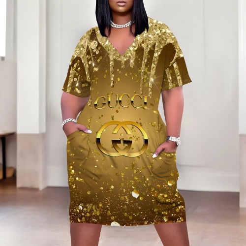 1 Piece Custom Casual Digital Printing Short Sleeve V Neck Plus Size Midi Dress