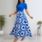Solid Floral Digital Printing O Neck Short Sleeve Long Dress