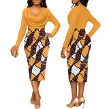 Solid Digital Printing Pile Collar Long Sleeve Ladies Dress