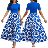 Solid Floral Digital Printing O Neck Short Sleeve Long Dress