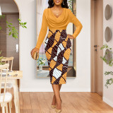 Solid Digital Printing Pile Collar Long Sleeve Ladies Dress