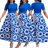 Solid Floral Digital Printing O Neck Short Sleeve Long Dress