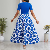 Solid Floral Digital Printing O Neck Short Sleeve Long Dress