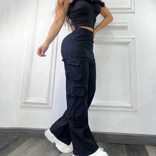 Women Pocket Solid Cargo Pants