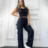 Women Pocket Solid Cargo Pants