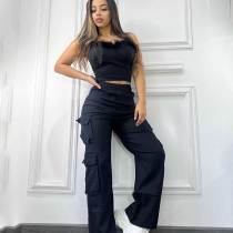Women Pocket Solid Cargo Pants
