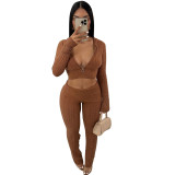 Women's Knitted Front Zipper Hooded Cardigan And Skinny Pants Set