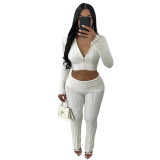 Women's Knitted Front Zipper Hooded Cardigan And Skinny Pants Set