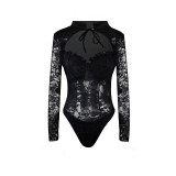 Sexy See Through Tie Neckline Hollow Out Front Mesh Bodysuit