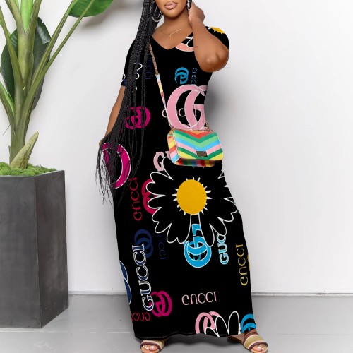1 Piece Custom Casual Digital Printing V Neck Long Dress