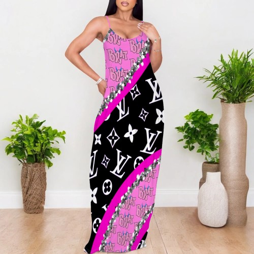 1 Piece Custom Casual Digital Printing Straps V Neck Long Dress