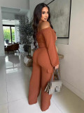 Solid Color Off Shoulder Crop Tops & Trousers Set