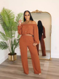 Solid Color Off Shoulder Crop Tops & Trousers Set