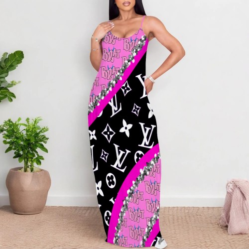 1 Piece Custom Casual Digital Printing Straps V Neck Long Dress