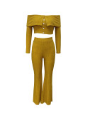 Solid Color Off Shoulder Long Sleeve Pants Suit