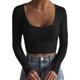 Solid Ribbed Slim U-neck Long Sleeve Tops