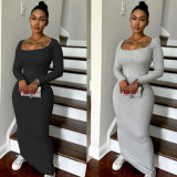 Square Collar Solid Color Long Sleeve Ribbed Soft Warm Long Dress