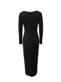 Square Collar Solid Color Long Sleeve Ribbed Soft Warm Long Dress
