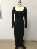 Square Collar Solid Color Long Sleeve Ribbed Soft Warm Long Dress