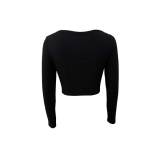 Solid Ribbed Slim U-neck Long Sleeve Tops