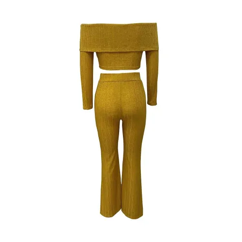 Solid Color Off Shoulder Long Sleeve Pants Suit