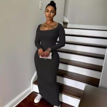 Square Collar Solid Color Long Sleeve Ribbed Soft Warm Long Dress