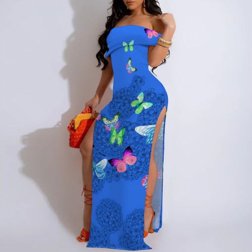 1 Piece Custom Casual Digital Printing Off Shoulder Split Maxi Dress