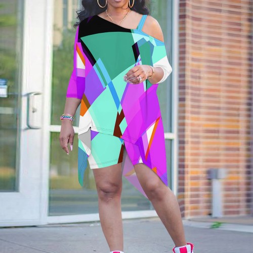1 Piece Custom Casual Digital Printing Sloping Shoulders Plus Size Two Piece