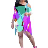 1 Piece Custom Casual Digital Printing Sloping Shoulders Plus Size Two Piece