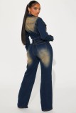 Slim Elastic Flare Washed Long Sleeve Denim Jumpsuit