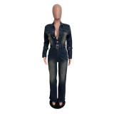 Slim Elastic Flare Washed Long Sleeve Denim Jumpsuit