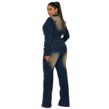 Slim Elastic Flare Washed Long Sleeve Denim Jumpsuit