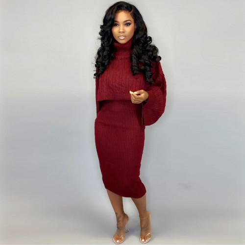 Womens 2 Piece Sweater Dress Knitted Crop Top Bodycon Midi Dresses Set