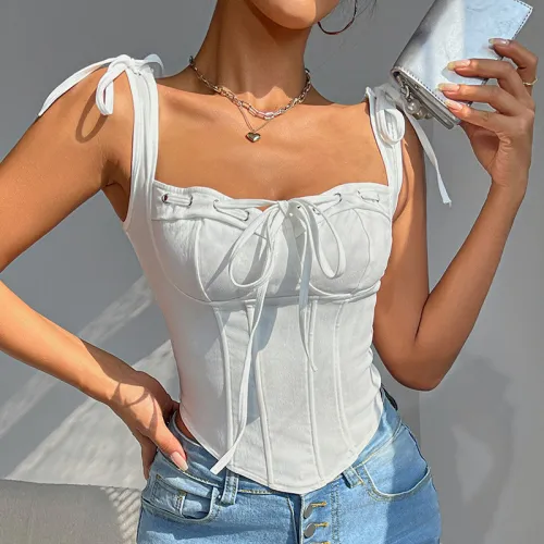 1pc Fashionable Solid Color Trim Slim Fit Hollow Out Corset Top For Women