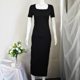 Black Scoop Neck Split Thigh Ribbed Knit Short Sleeve Midi Dress